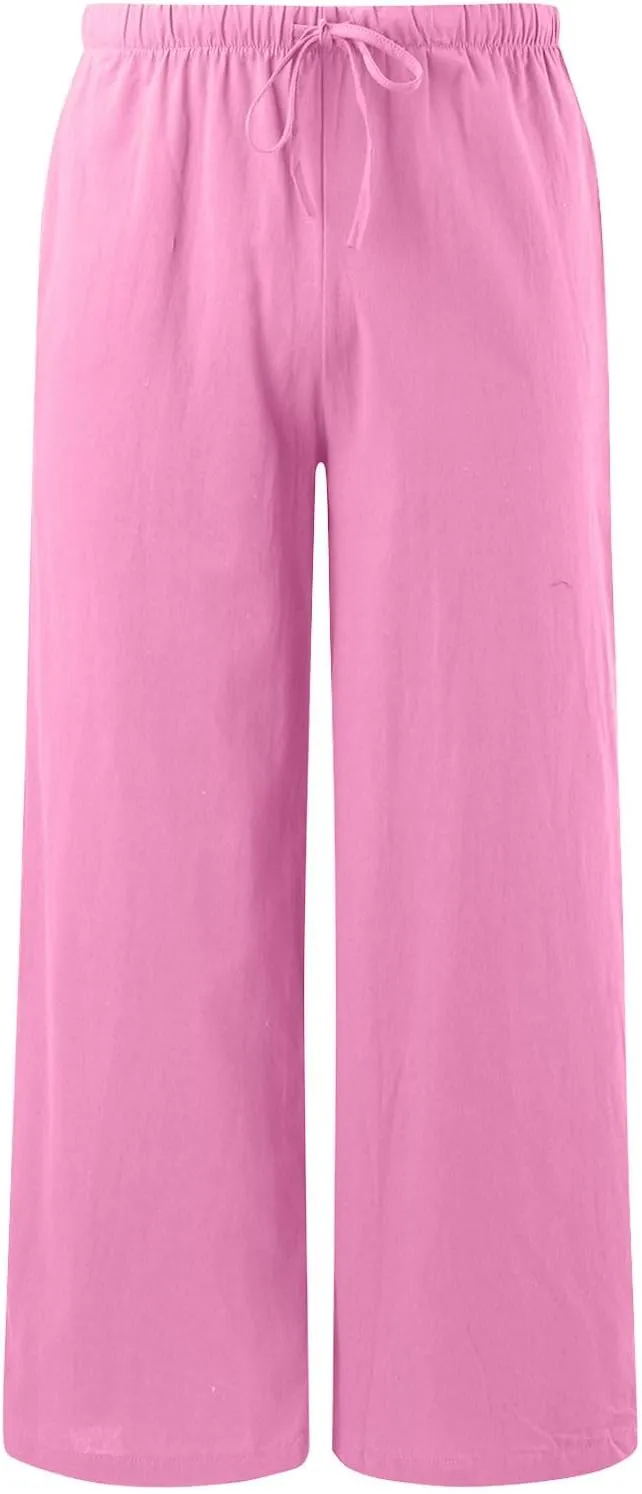 Women's Solid Color Linen Pants Summer Palazzo Pants Elastic Waist Drawstring Baggy Wide Leg Trousers with