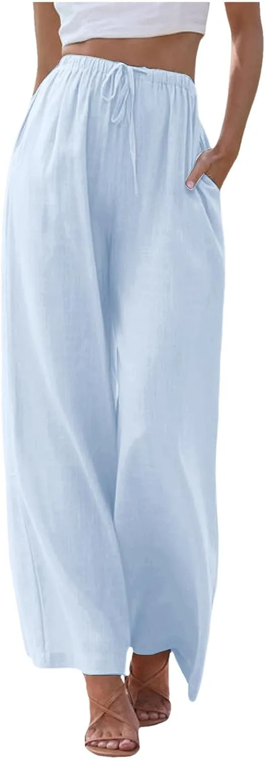Women's Solid Color Linen Pants Summer Palazzo Pants Elastic Waist Drawstring Baggy Wide Leg Trousers with