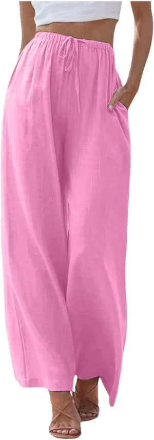 Women's Solid Color Linen Pants Summer Palazzo Pants Elastic Waist Drawstring Baggy Wide Leg Trousers with