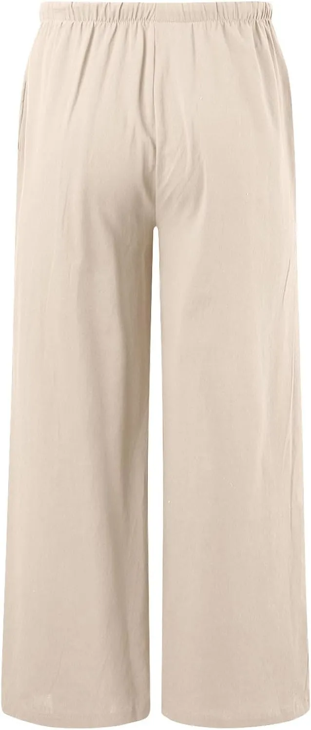 Women's Solid Color Linen Pants Summer Palazzo Pants Elastic Waist Drawstring Baggy Wide Leg Trousers with