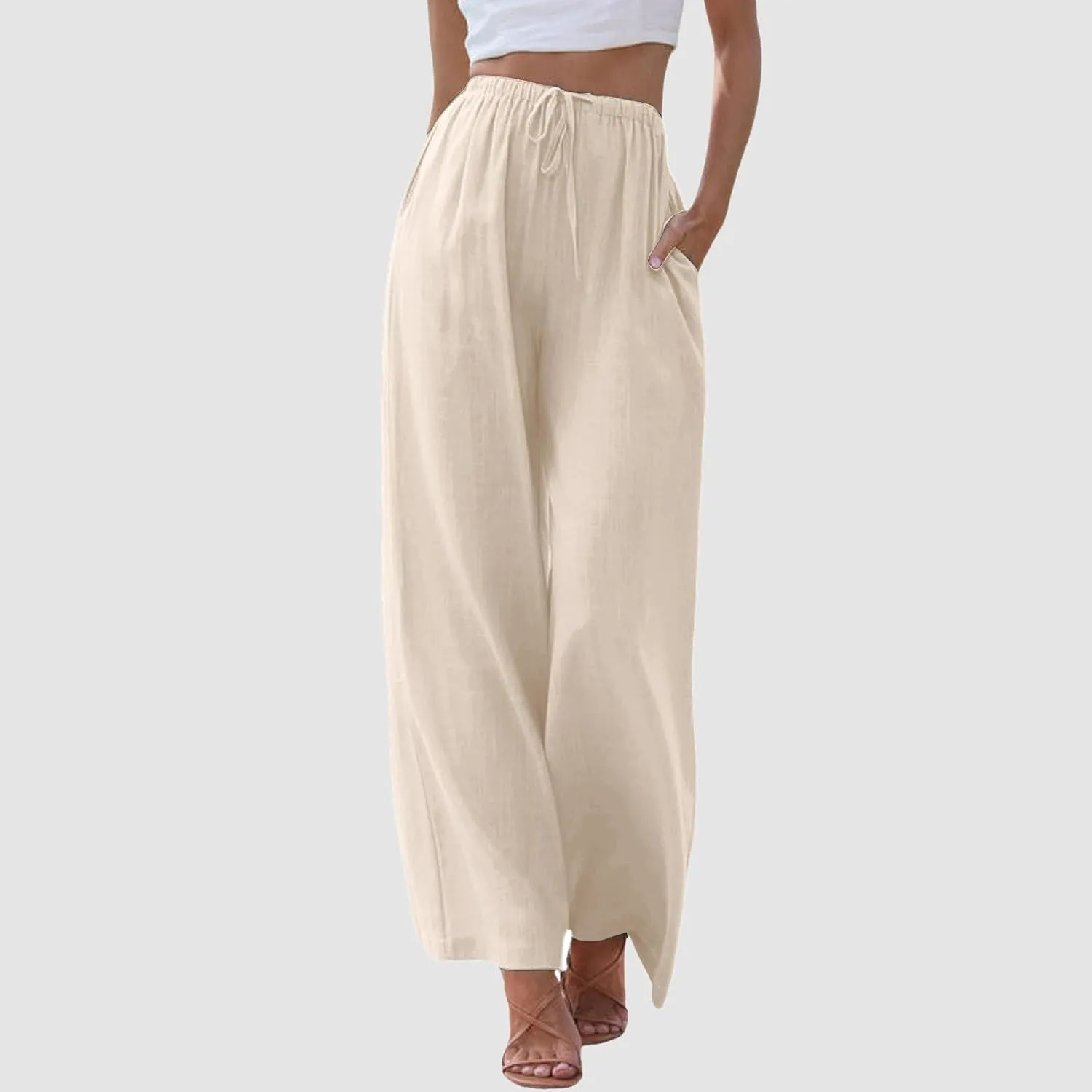 Women's Solid Color Linen Pants Summer Palazzo Pants Elastic Waist Drawstring Baggy Wide Leg Trousers with