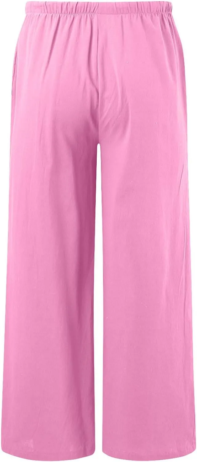 Women's Solid Color Linen Pants Summer Palazzo Pants Elastic Waist Drawstring Baggy Wide Leg Trousers with