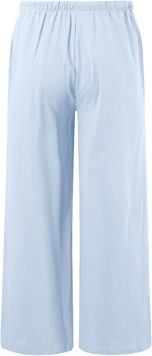 Women's Solid Color Linen Pants Summer Palazzo Pants Elastic Waist Drawstring Baggy Wide Leg Trousers with