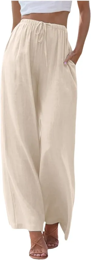 Women's Solid Color Linen Pants Summer Palazzo Pants Elastic Waist Drawstring Baggy Wide Leg Trousers with