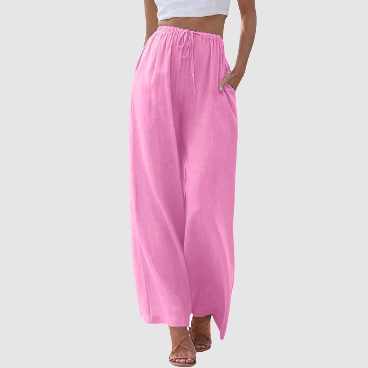 Women's Solid Color Linen Pants Summer Palazzo Pants Elastic Waist Drawstring Baggy Wide Leg Trousers with