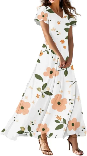 Womens Spring Dresses,Women's Loose Casual V-Neck Short Sleeved High Waisted Print Chiffon Dress