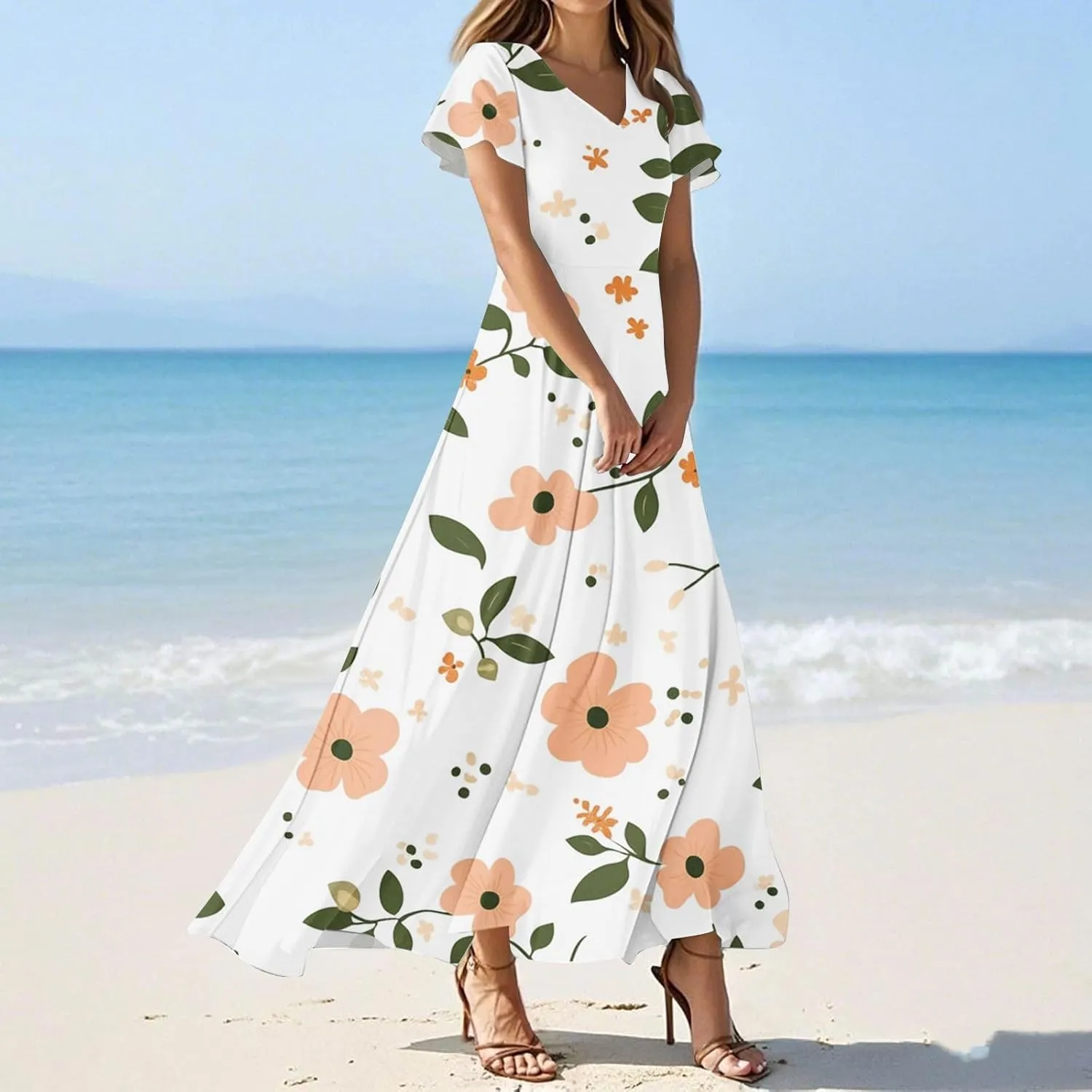 Womens Spring Dresses,Women's Loose Casual V-Neck Short Sleeved High Waisted Print Chiffon Dress