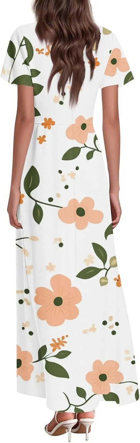 Womens Spring Dresses,Women's Loose Casual V-Neck Short Sleeved High Waisted Print Chiffon Dress