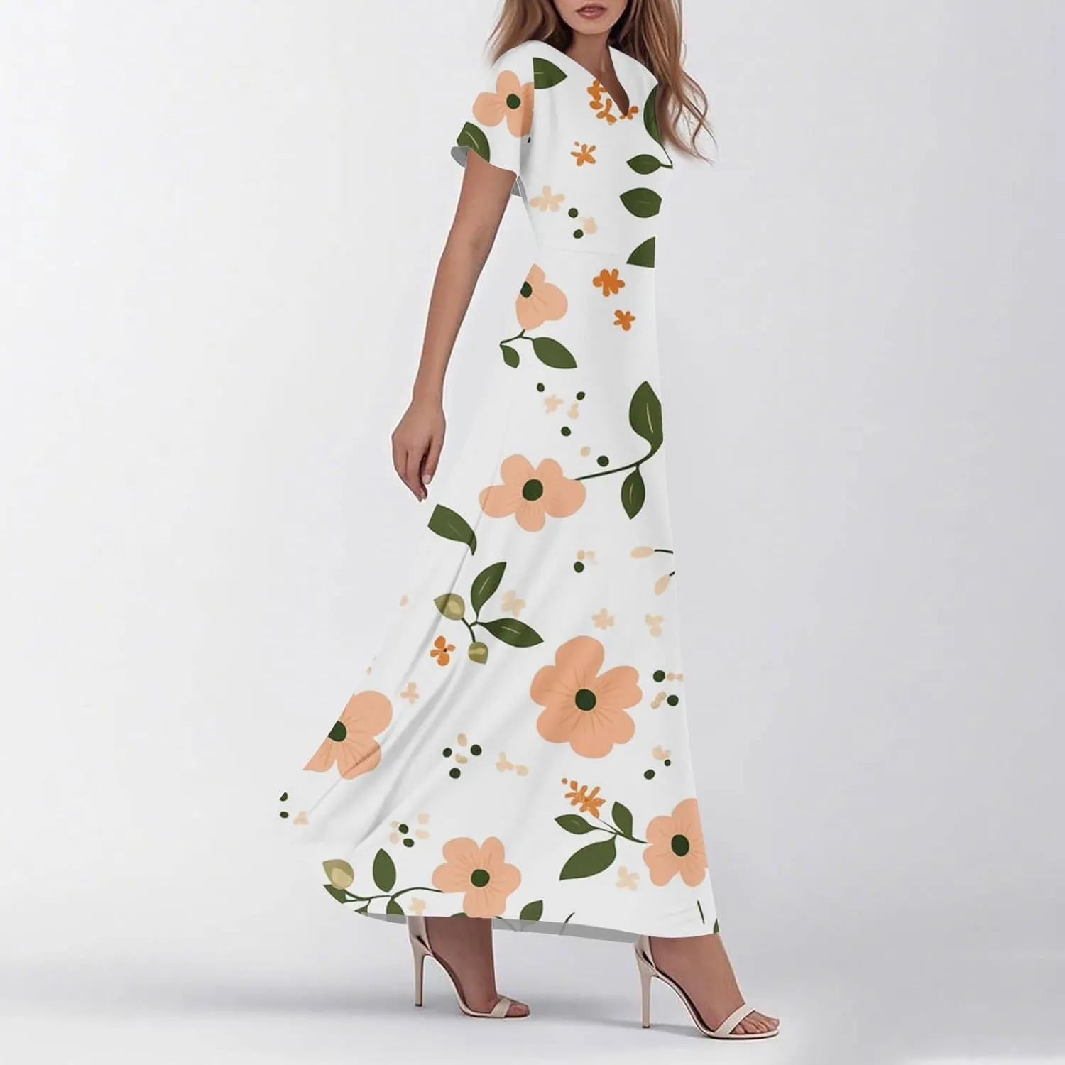 Womens Spring Dresses,Women's Loose Casual V-Neck Short Sleeved High Waisted Print Chiffon Dress