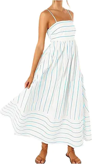 Women's Striped Back Smocked Maxi Dress Sexy Spaghetti Strap Dress Cut Out Flowy Swing Long Dresses