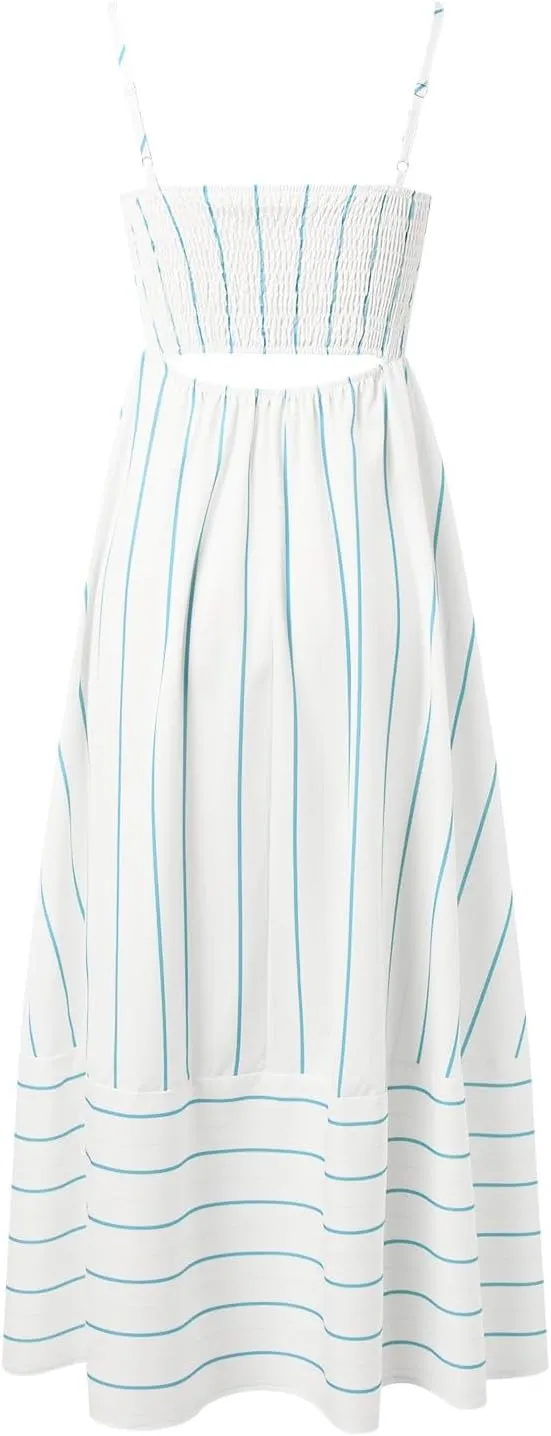 Women's Striped Back Smocked Maxi Dress Sexy Spaghetti Strap Dress Cut Out Flowy Swing Long Dresses