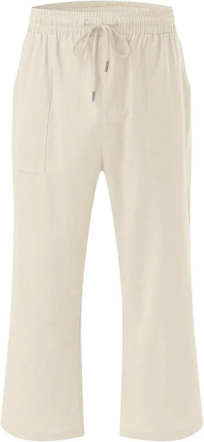 Womens Summer Capri Pants Casual Cotton Linen Tapered High Waist Drawstring Cinch Bottom Loose Trouser with Pockets