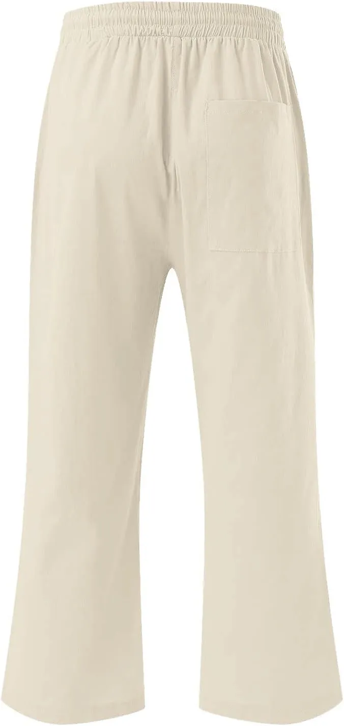 Womens Summer Capri Pants Casual Cotton Linen Tapered High Waist Drawstring Cinch Bottom Loose Trouser with Pockets