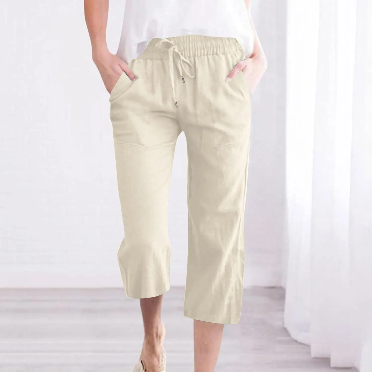 Womens Summer Capri Pants Casual Cotton Linen Tapered High Waist Drawstring Cinch Bottom Loose Trouser with Pockets