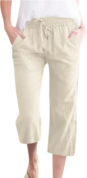 Womens Summer Capri Pants Casual Cotton Linen Tapered High Waist Drawstring Cinch Bottom Loose Trouser with Pockets