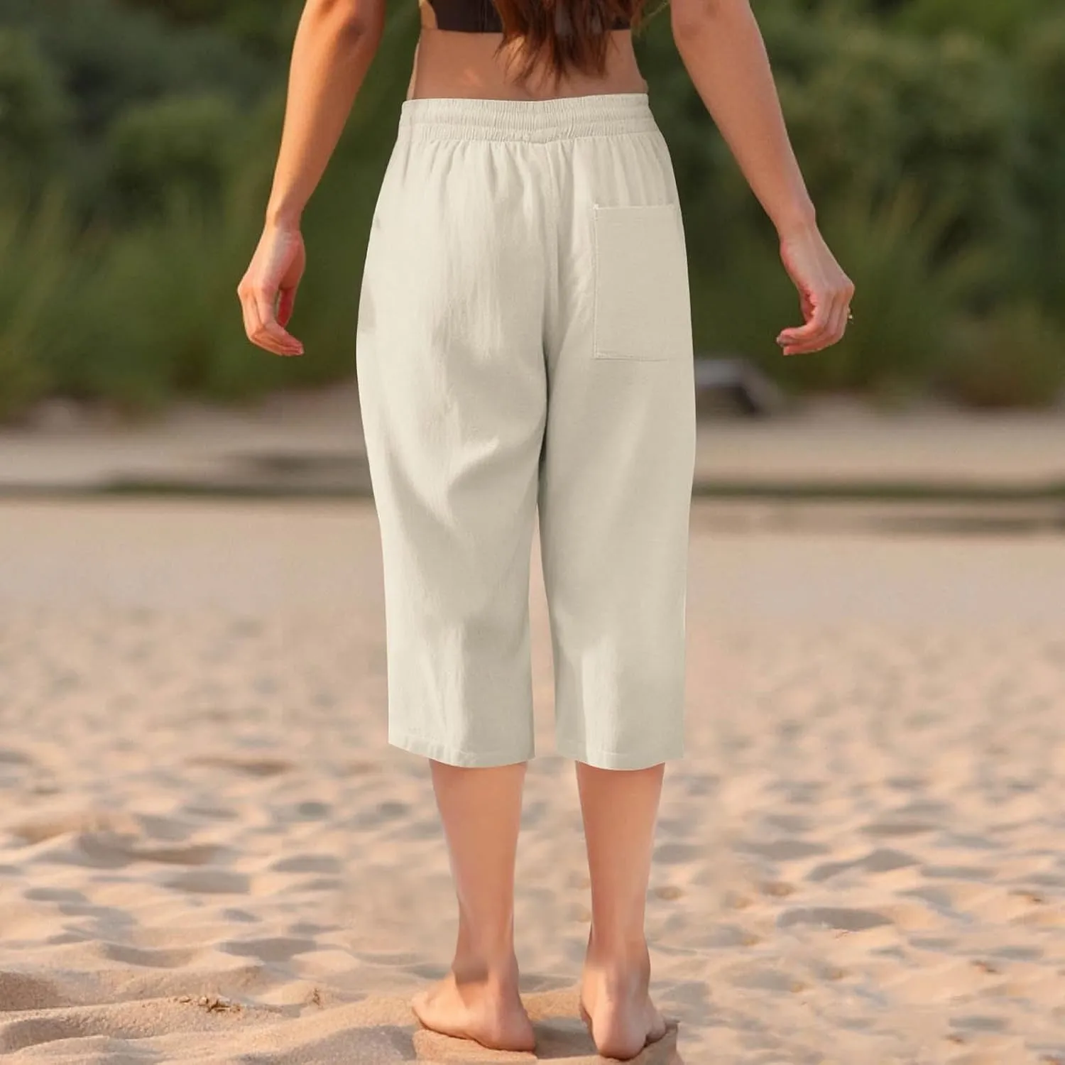 Womens Summer Capri Pants Casual Cotton Linen Tapered High Waist Drawstring Cinch Bottom Loose Trouser with Pockets