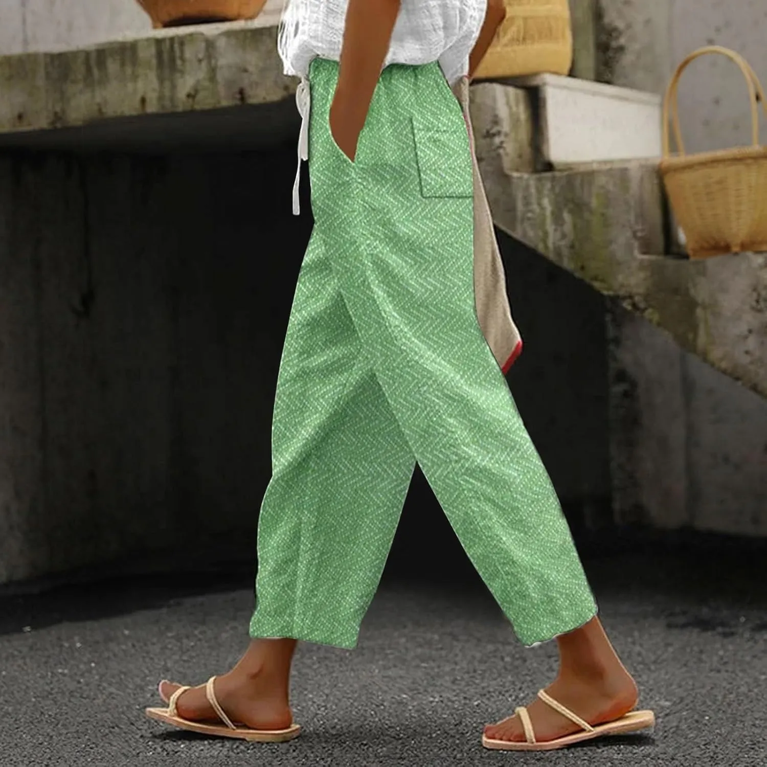 Women's Summer Casual Linen Pants Linen Elastic Seven Pants Beach Casual Pants Linen Petite Linen Pants for Women