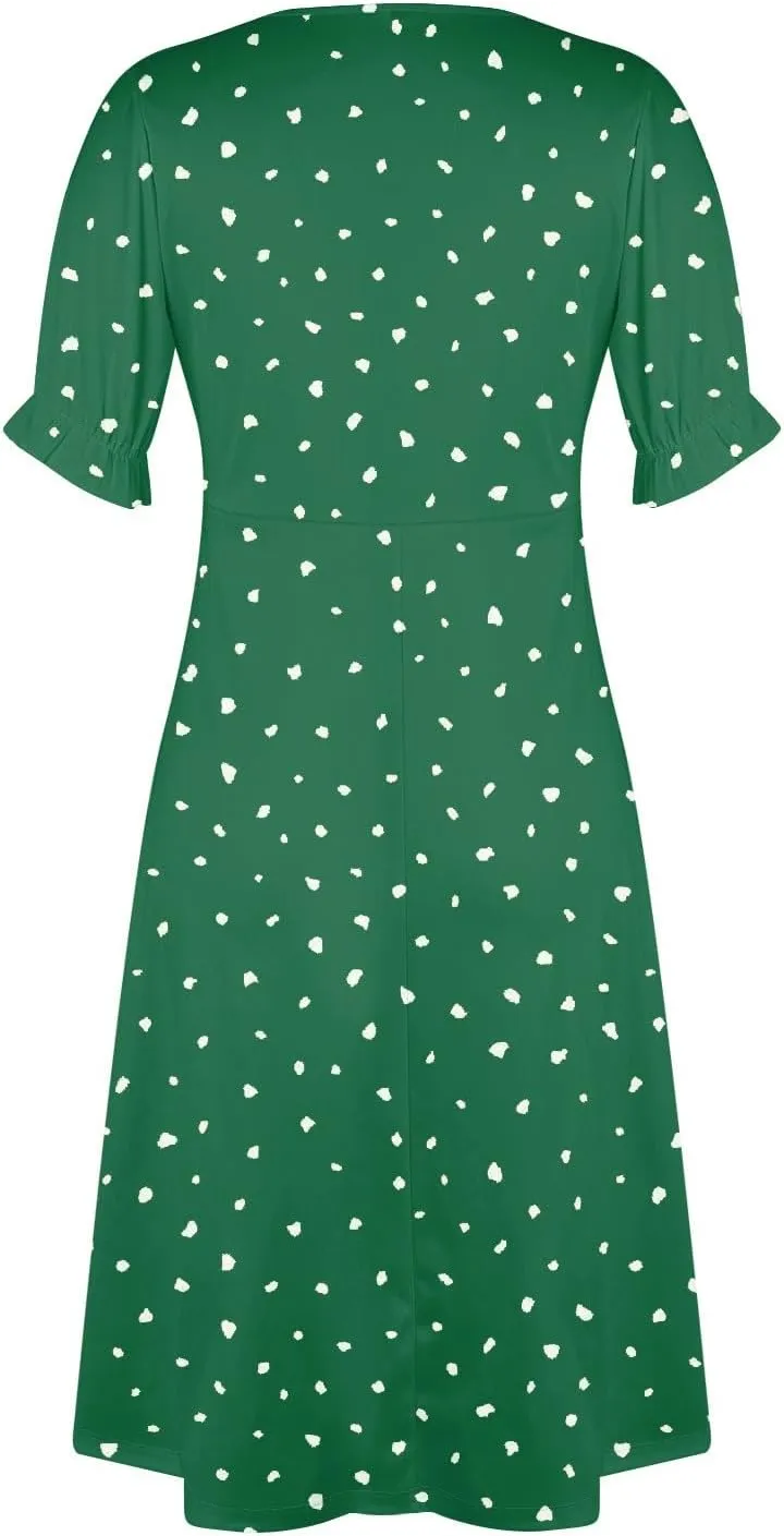 Women's Summer Casual Loose Short Sleeve V-Neck Floral Printed Solid Sun Beach Vacation Dress Plus Size, S-3XL
