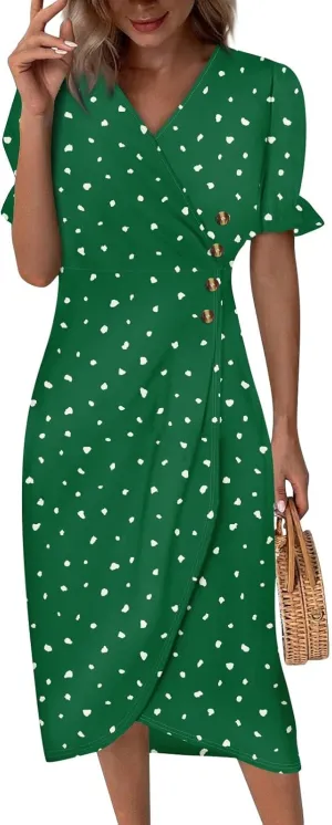 Women's Summer Casual Loose Short Sleeve V-Neck Floral Printed Solid Sun Beach Vacation Dress Plus Size, S-3XL