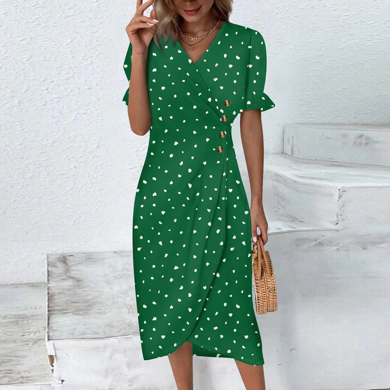 Women's Summer Casual Loose Short Sleeve V-Neck Floral Printed Solid Sun Beach Vacation Dress Plus Size, S-3XL