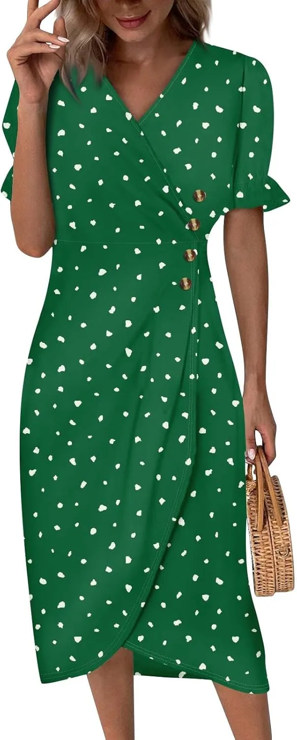 Women's Summer Casual Loose Short Sleeve V-Neck Floral Printed Solid Sun Beach Vacation Dress Plus Size, S-3XL