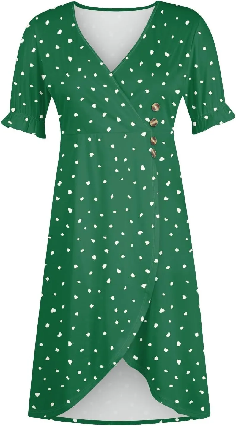 Women's Summer Casual Loose Short Sleeve V-Neck Floral Printed Solid Sun Beach Vacation Dress Plus Size, S-3XL