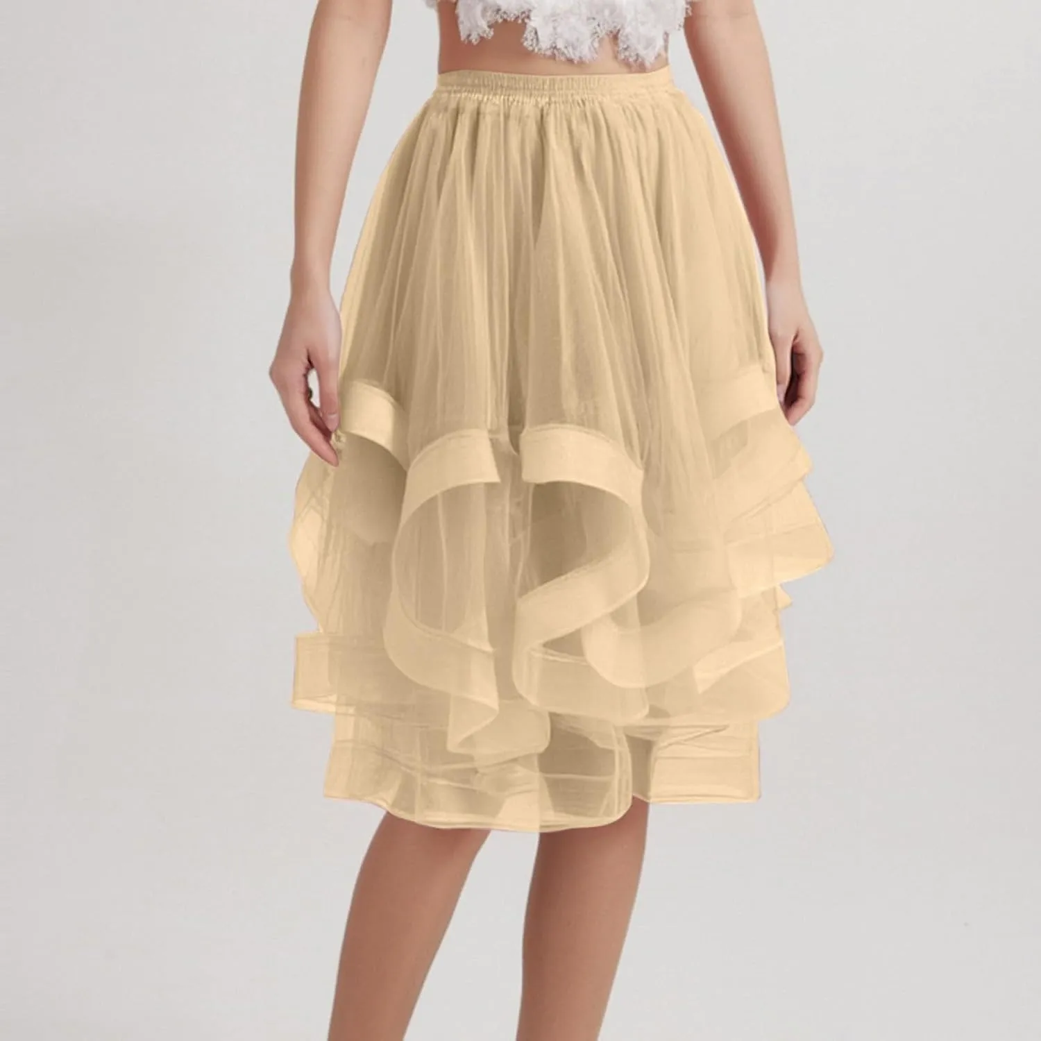 Women's Summer Casual Loose Trendy Elastic High Waist Solid Color Fluffy Mesh Party Latin Dance Flowy Skirts 2025, S-XL