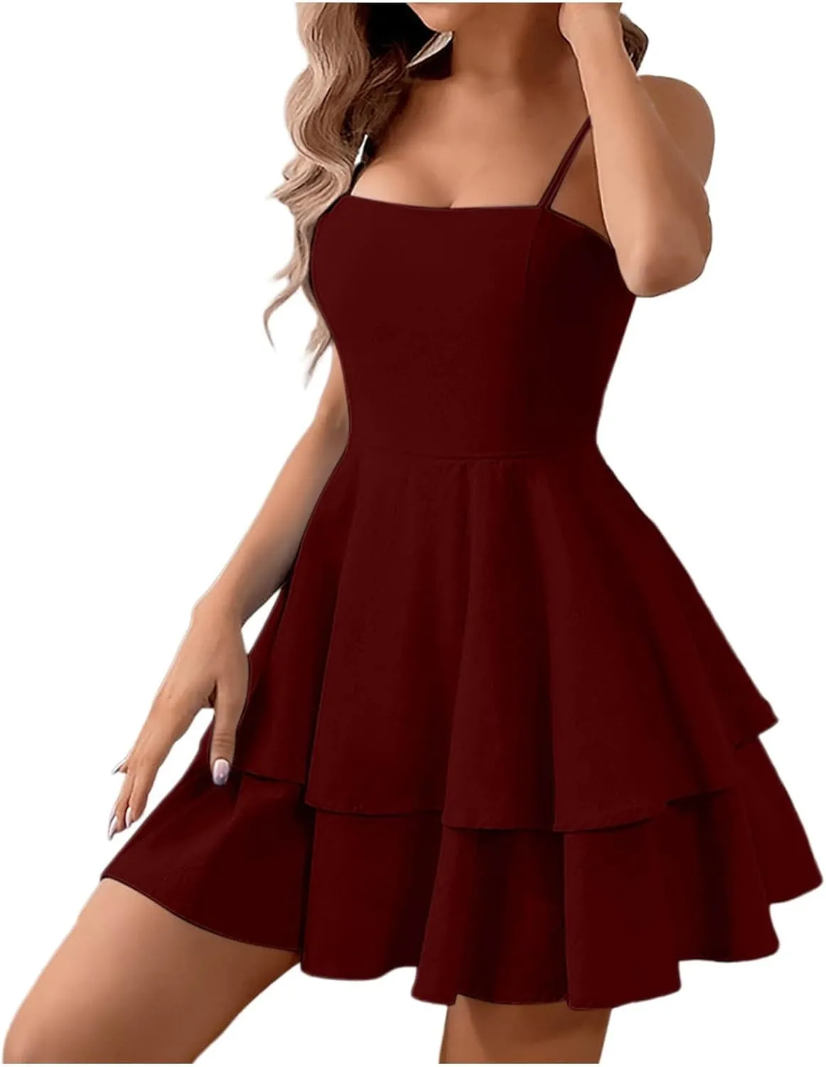 Womens Summer Dresses Solid Spaghetti Strap Loose Coverup Mini Dresses Back Bowknot Ruffle Hem 2025 Party Skirt