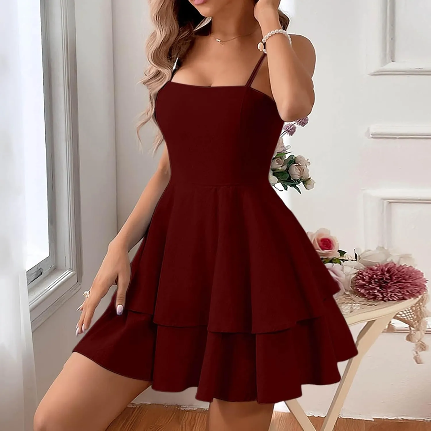 Womens Summer Dresses Solid Spaghetti Strap Loose Coverup Mini Dresses Back Bowknot Ruffle Hem 2025 Party Skirt