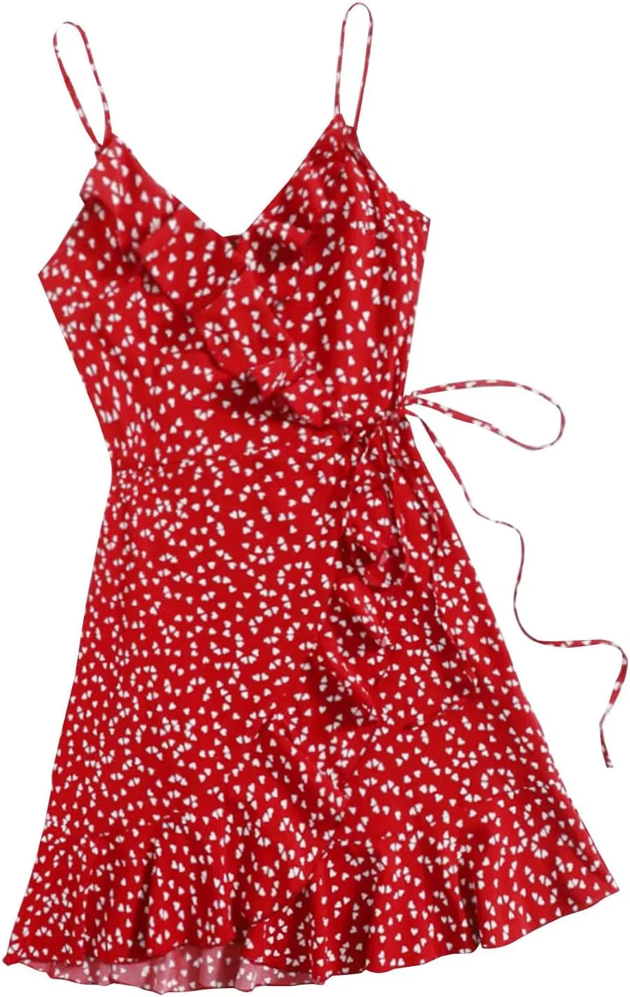 Womens Summer Floral Dress Pleated Ruffle Trim Spaghetti Strap Mini Dress Sexy V Neck Beach Vacation Sundress