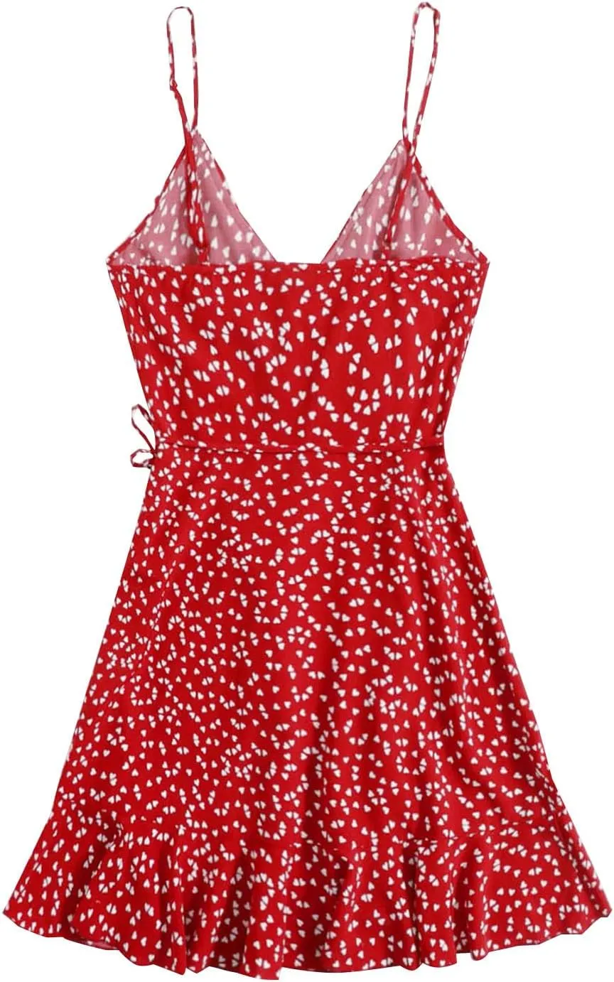 Womens Summer Floral Dress Pleated Ruffle Trim Spaghetti Strap Mini Dress Sexy V Neck Beach Vacation Sundress