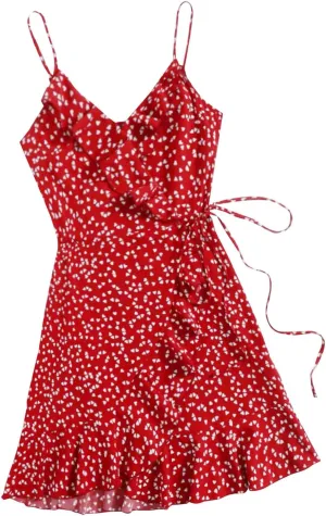 Womens Summer Floral Dress Pleated Ruffle Trim Spaghetti Strap Mini Dress Sexy V Neck Beach Vacation Sundress