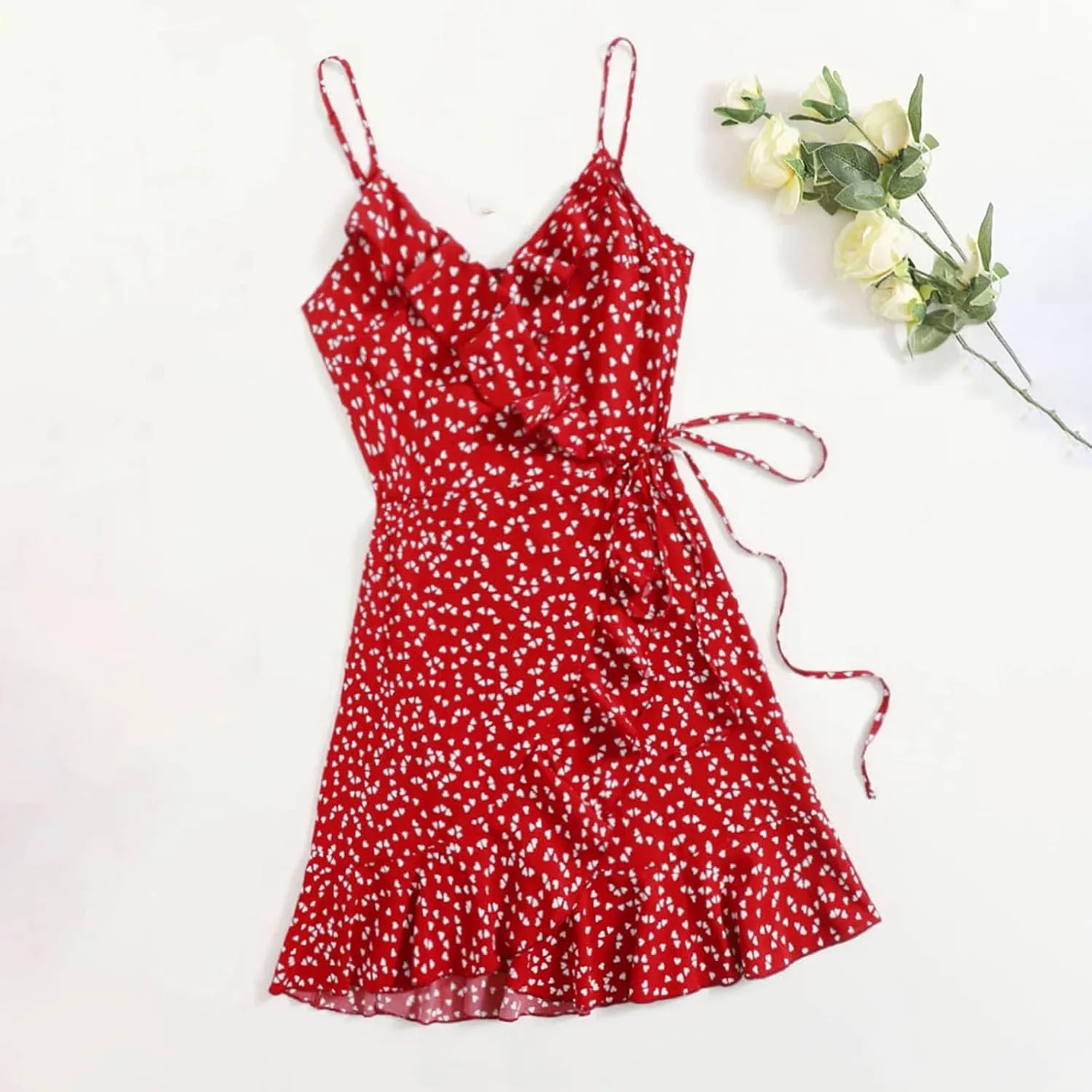 Womens Summer Floral Dress Pleated Ruffle Trim Spaghetti Strap Mini Dress Sexy V Neck Beach Vacation Sundress