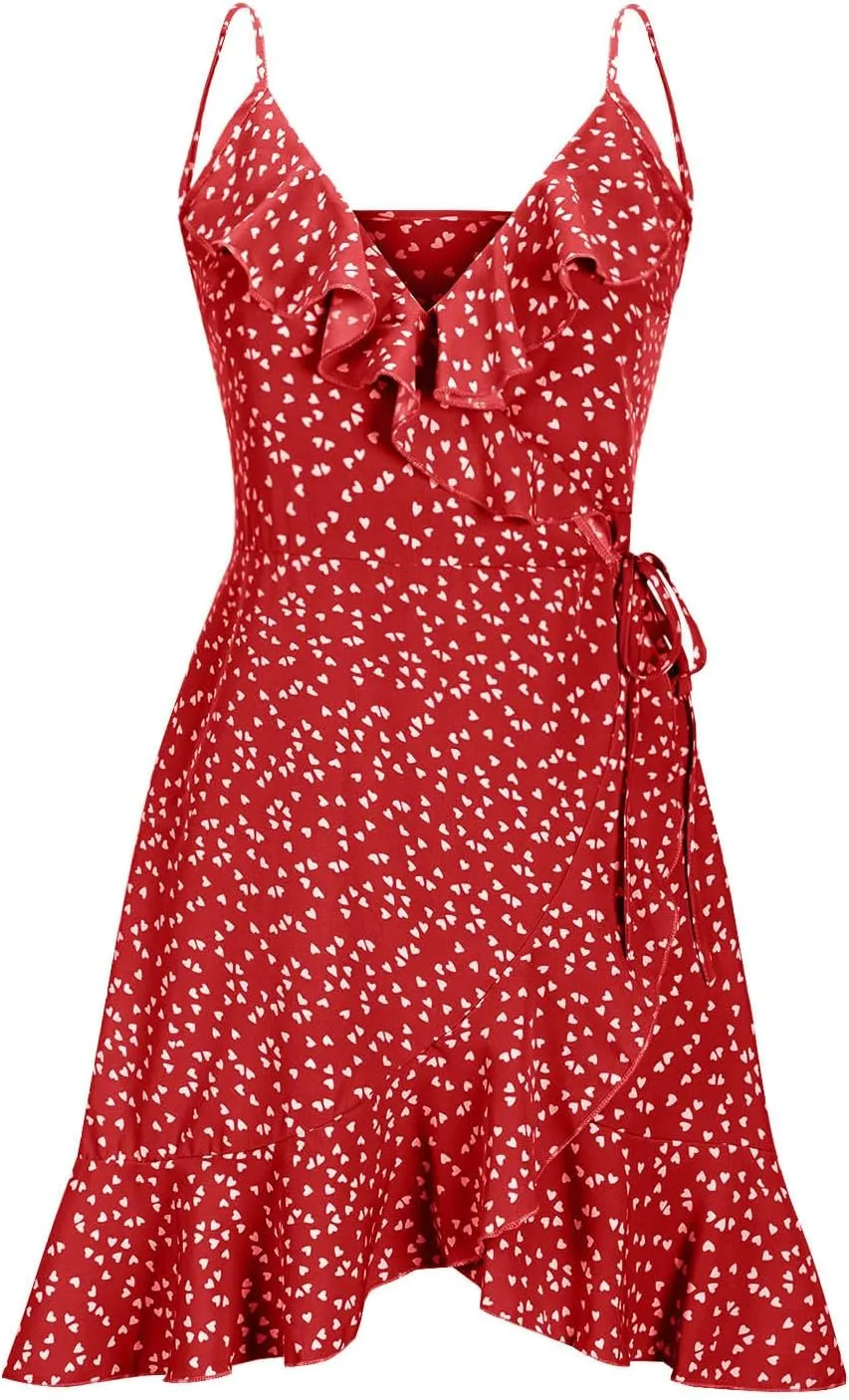 Womens Summer Floral Dress Pleated Ruffle Trim Spaghetti Strap Mini Dress Sexy V Neck Beach Vacation Sundress