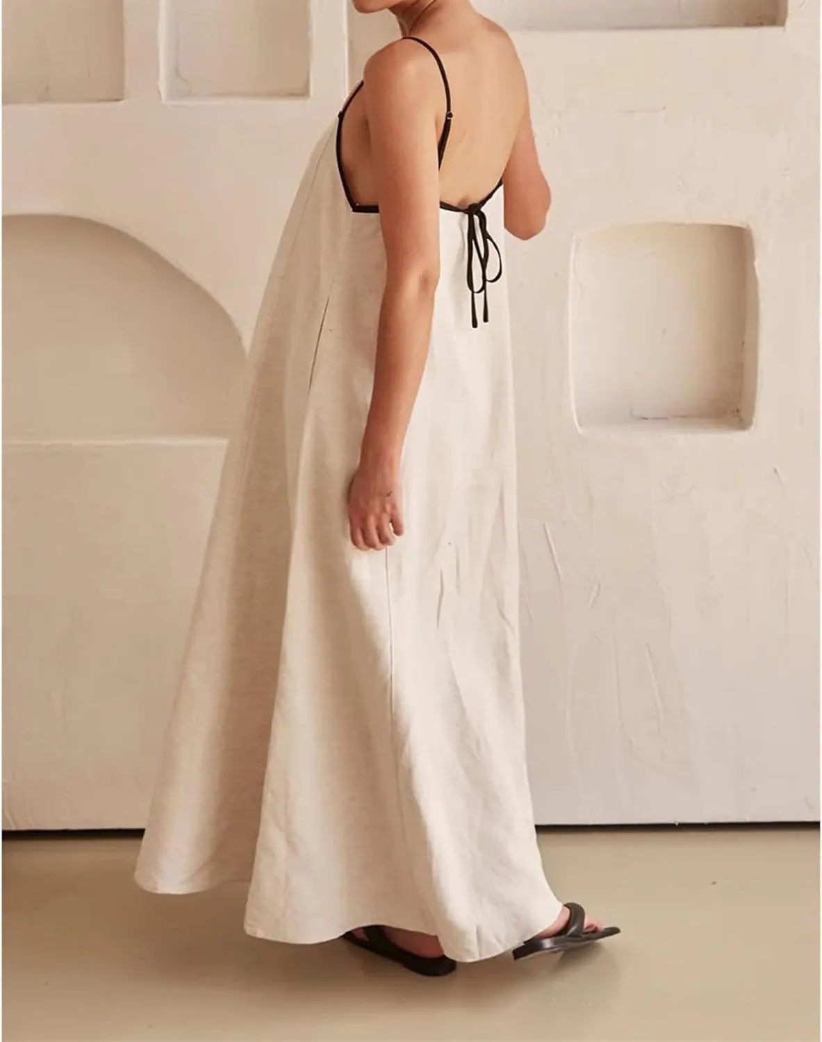 Womens Summer Maxi Dress Contrast Spaghetti Strap Dresses Flowy Sleeveless Backless Sundress Beach Vacation Dresses