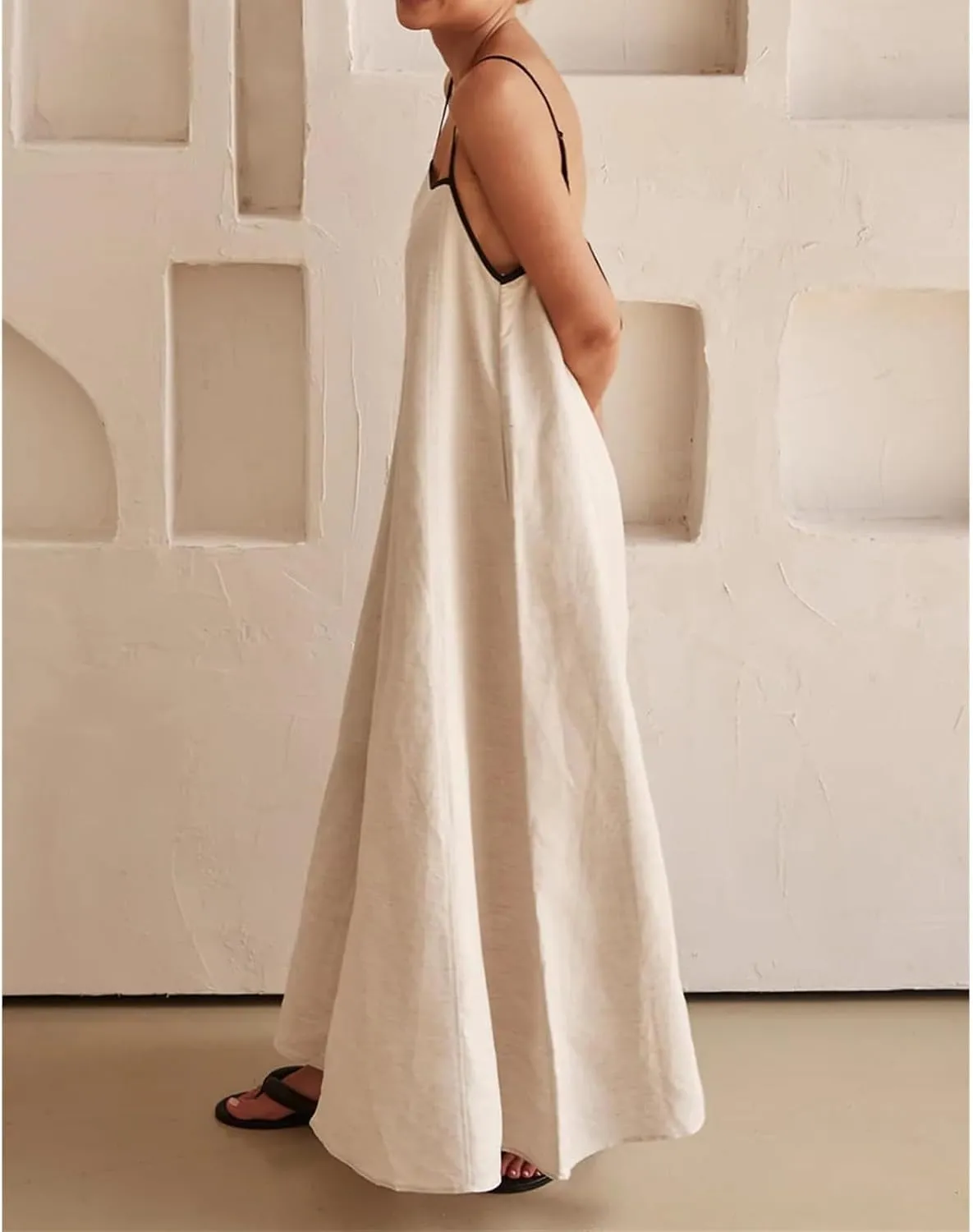 Womens Summer Maxi Dress Contrast Spaghetti Strap Dresses Flowy Sleeveless Backless Sundress Beach Vacation Dresses