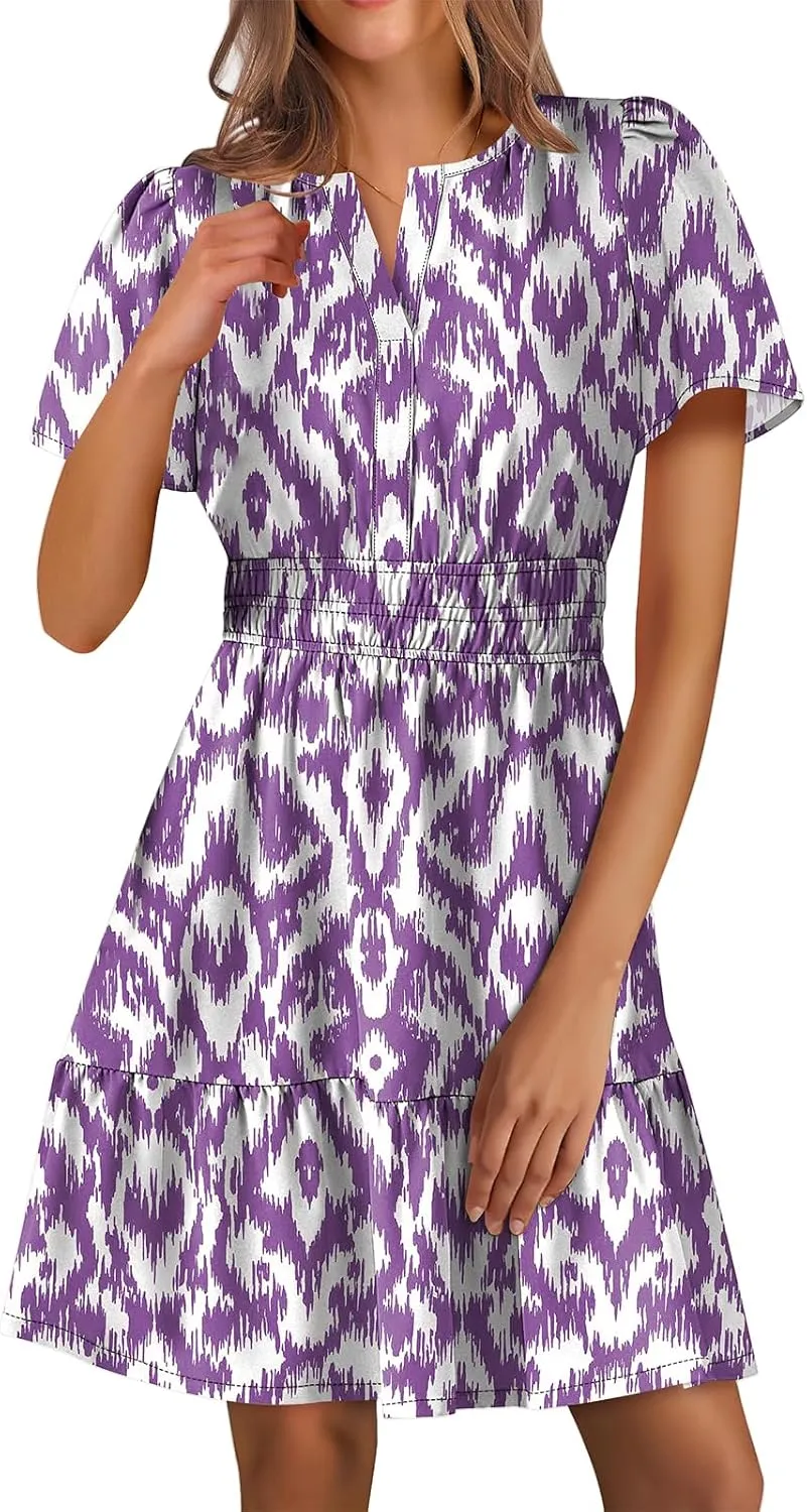 Women's Summer Mini Dress V Neck Short Sleeve Floral A Line High Waist Boho Cute Vacation Beach Dresses 2025