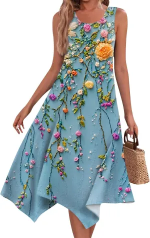 Women's Sundresses Round Neck Sleeveless Tank Dress Vintage Floral Print with Irregular Hem Mid Casual Dresses, S-2XL