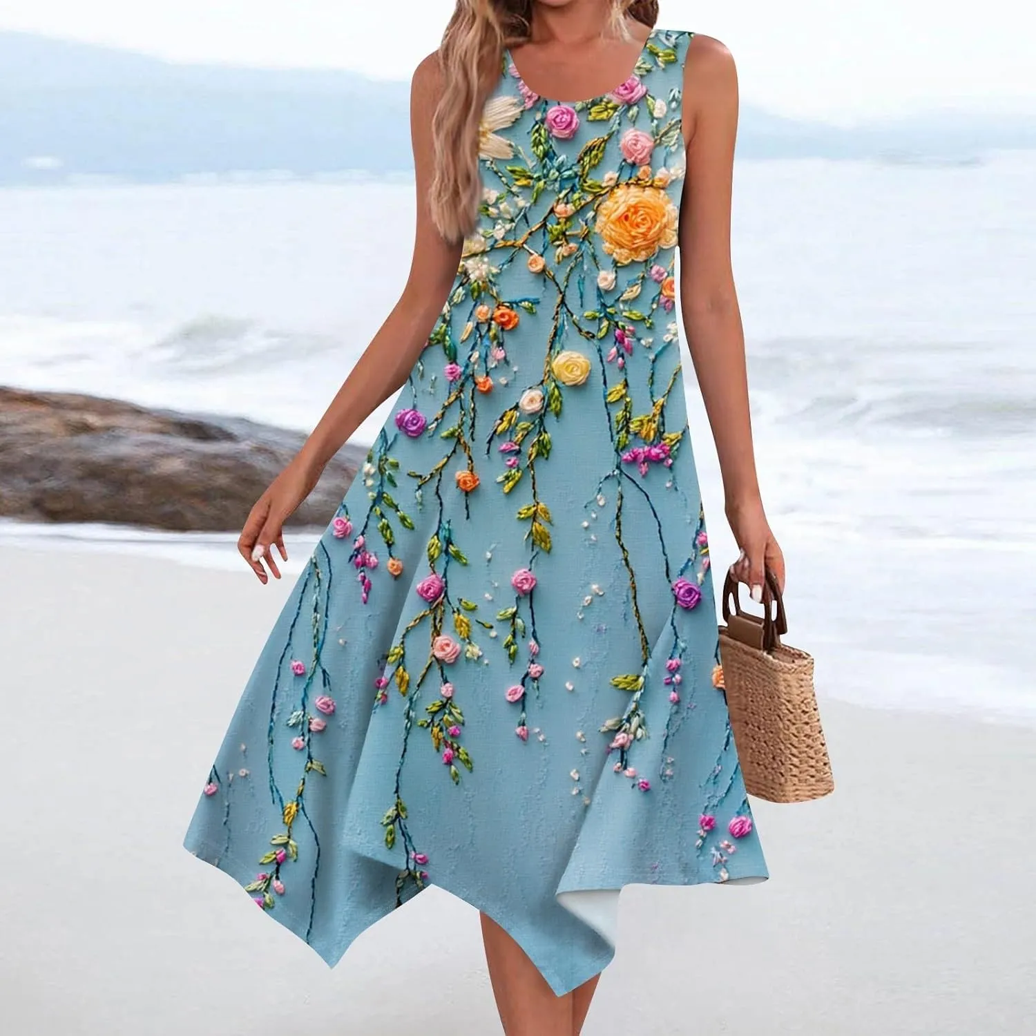 Women's Sundresses Round Neck Sleeveless Tank Dress Vintage Floral Print with Irregular Hem Mid Casual Dresses, S-2XL