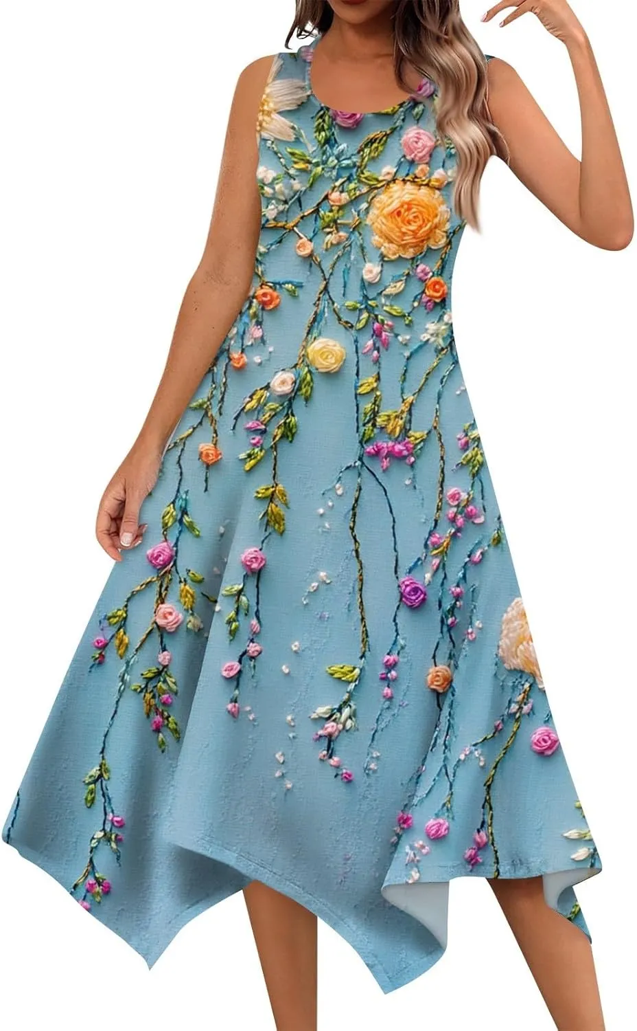Women's Sundresses Round Neck Sleeveless Tank Dress Vintage Floral Print with Irregular Hem Mid Casual Dresses, S-2XL