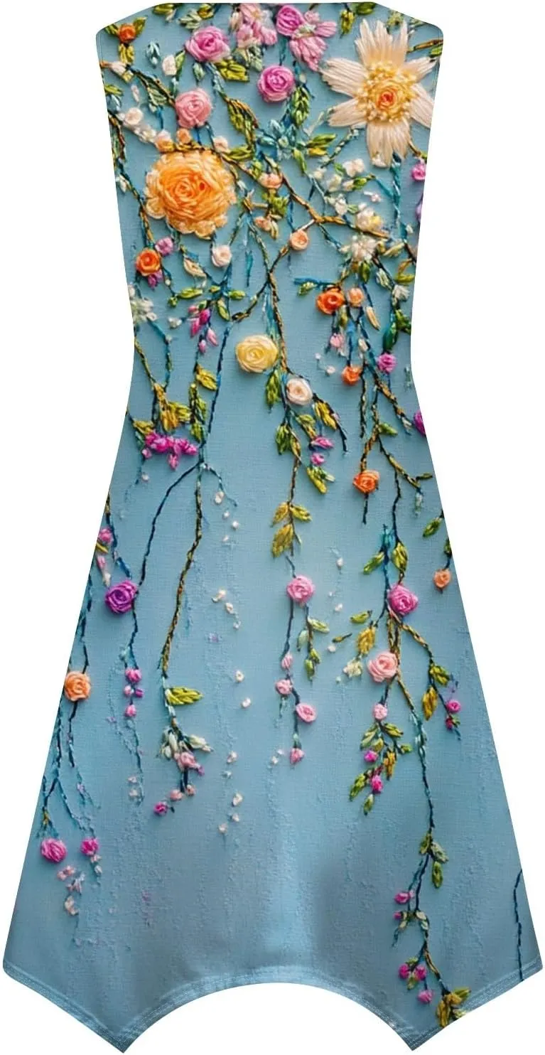 Women's Sundresses Round Neck Sleeveless Tank Dress Vintage Floral Print with Irregular Hem Mid Casual Dresses, S-2XL