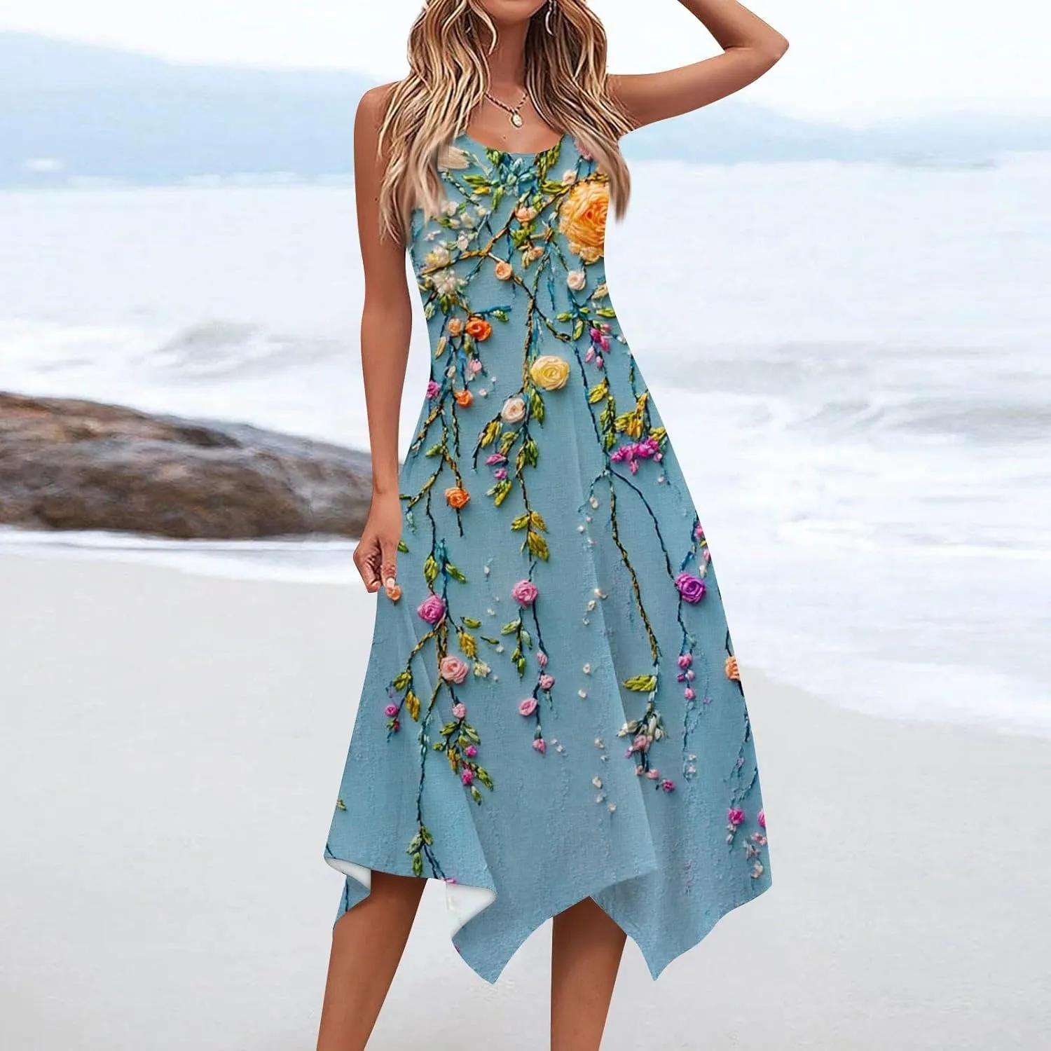 Women's Sundresses Round Neck Sleeveless Tank Dress Vintage Floral Print with Irregular Hem Mid Casual Dresses, S-2XL