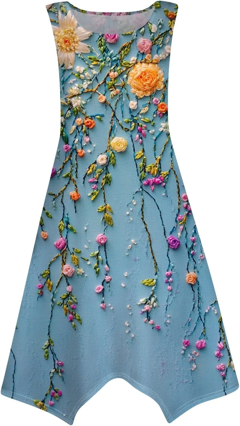 Women's Sundresses Round Neck Sleeveless Tank Dress Vintage Floral Print with Irregular Hem Mid Casual Dresses, S-2XL