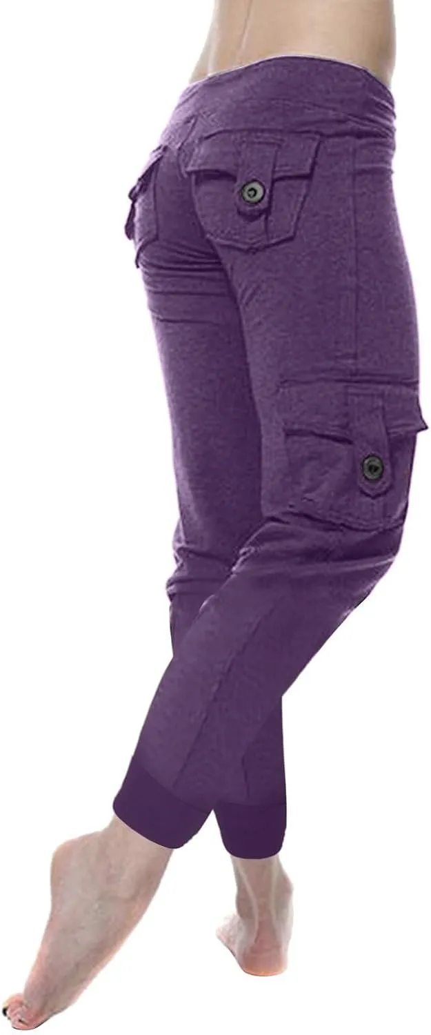 Womens Tapered Yoga Pants Butt Lifting Athletic Pant Stretch High Waisted Pants Button Up Cargo Pant with Pockets