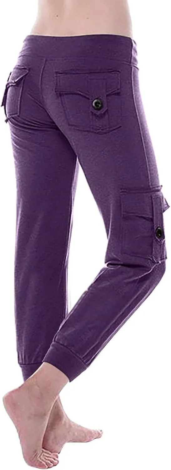Womens Tapered Yoga Pants Butt Lifting Athletic Pant Stretch High Waisted Pants Button Up Cargo Pant with Pockets