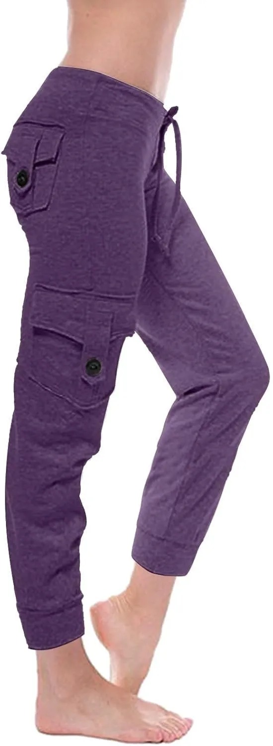 Womens Tapered Yoga Pants Butt Lifting Athletic Pant Stretch High Waisted Pants Button Up Cargo Pant with Pockets
