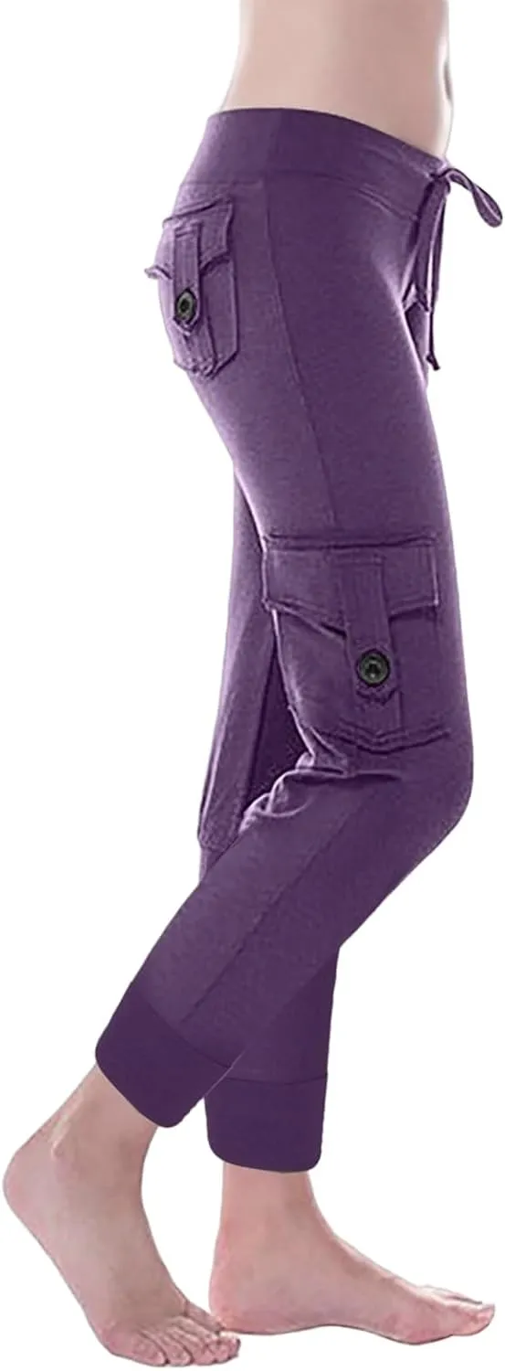 Womens Tapered Yoga Pants Butt Lifting Athletic Pant Stretch High Waisted Pants Button Up Cargo Pant with Pockets