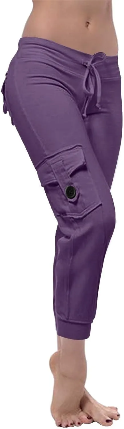 Womens Tapered Yoga Pants Butt Lifting Athletic Pant Stretch High Waisted Pants Button Up Cargo Pant with Pockets