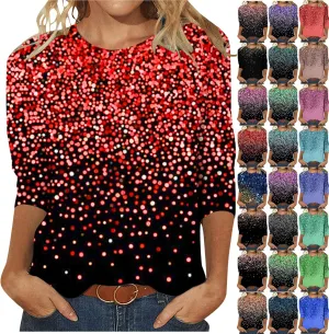 Womens Tops Dressy Casual 3/4 Sleeve Round Neck Shirt Funny False Sequin Print Loose Blouse Spring Summer Fashion Top
