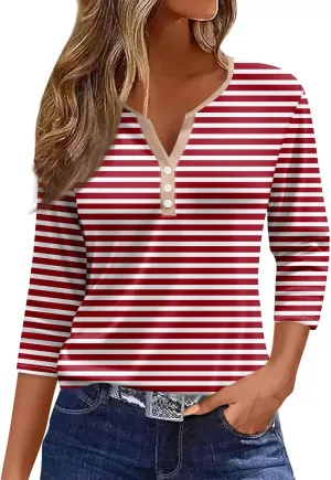 Womens Tops,Womens V Neck T Shirts Buttons Cute Striped Print Lightweight Casual 3/4 Sleeve Tops for Women Blouses Dressy Womens Tunic to Wear with Leggings Boho Clothes for Women Red,3XL